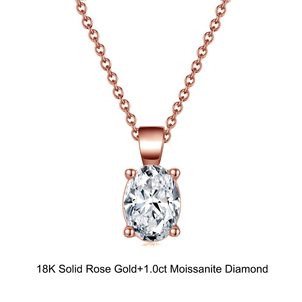 18inches / EN09-R (18K) Solid Gold 1.0 Carat Necklace - Oval Cut Moissanite Diamond Pendant