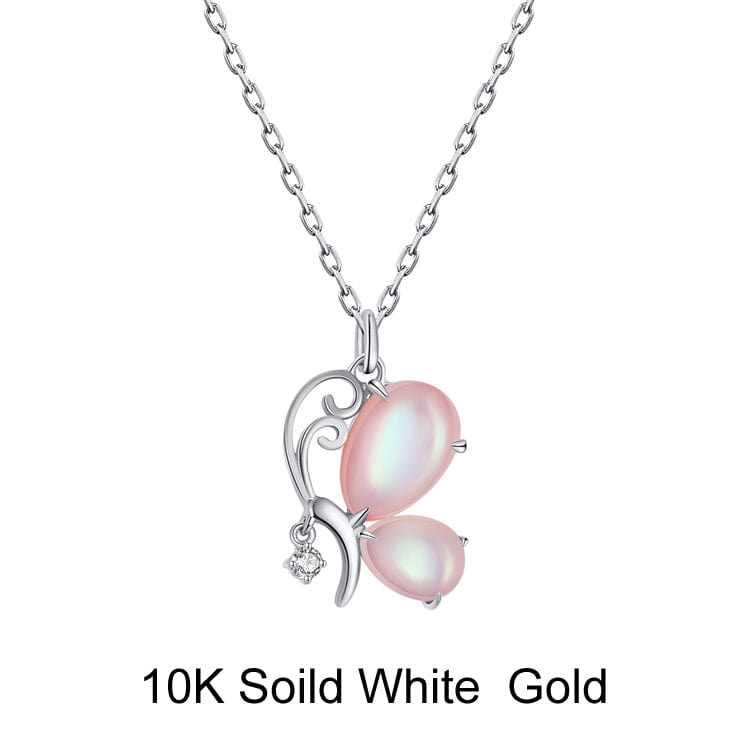 18inches / FN15-P (10K) Butterfly Solid Gold Necklace - Mother of Pearl-  Moissanite Diamond Pendant