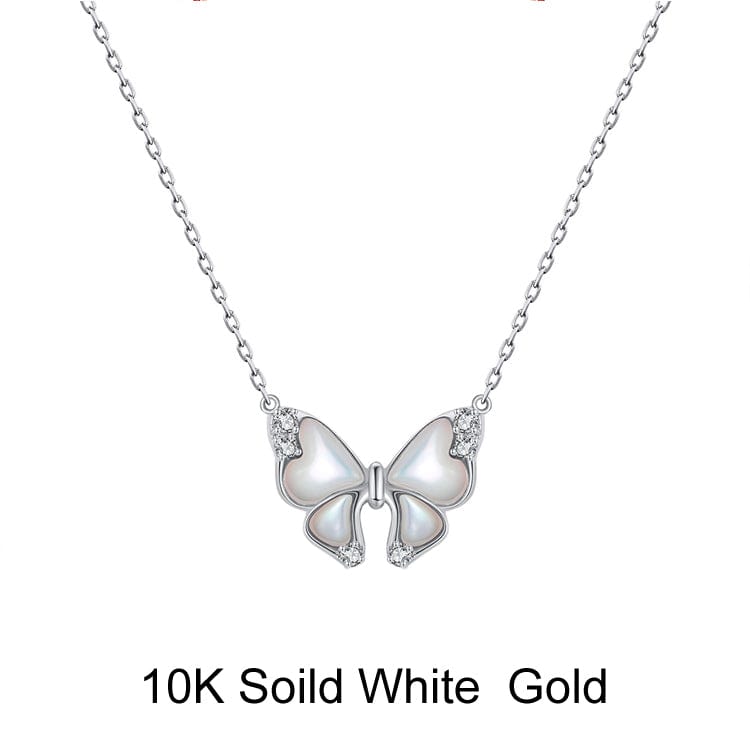 18inches / FN16-P (10K) Solid Gold Butterfly Necklace - Natural Mother of Pearl - Moissanite Gold Pendant
