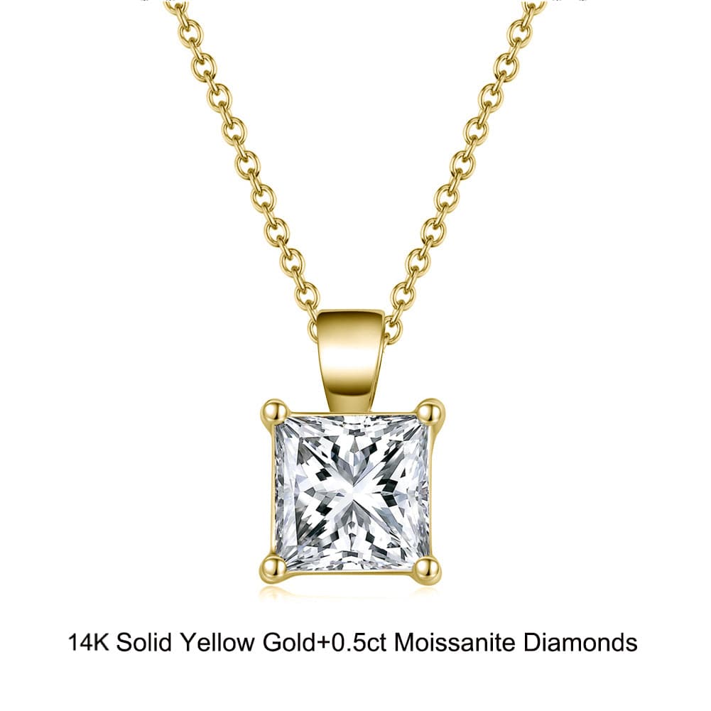 18inches / GN03-G (14K) Solid Gold Princess Necklace - 0.5 Carat Moissanite Diamond Pendant