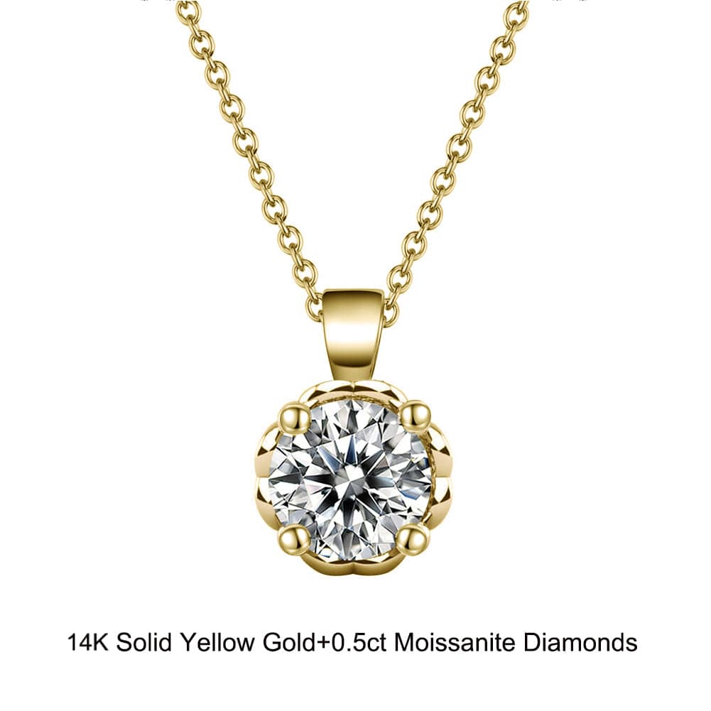 18inches / GN04-G (14K) Solid Gold Flower Pendant Necklace - 0.5ct Round Brilliant Cut Moissanite Diamond