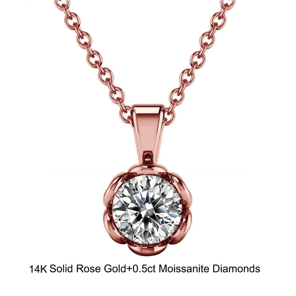 18inches / GN04-R (14K) Solid Gold Flower Pendant Necklace - 0.5ct Round Brilliant Cut Moissanite Diamond