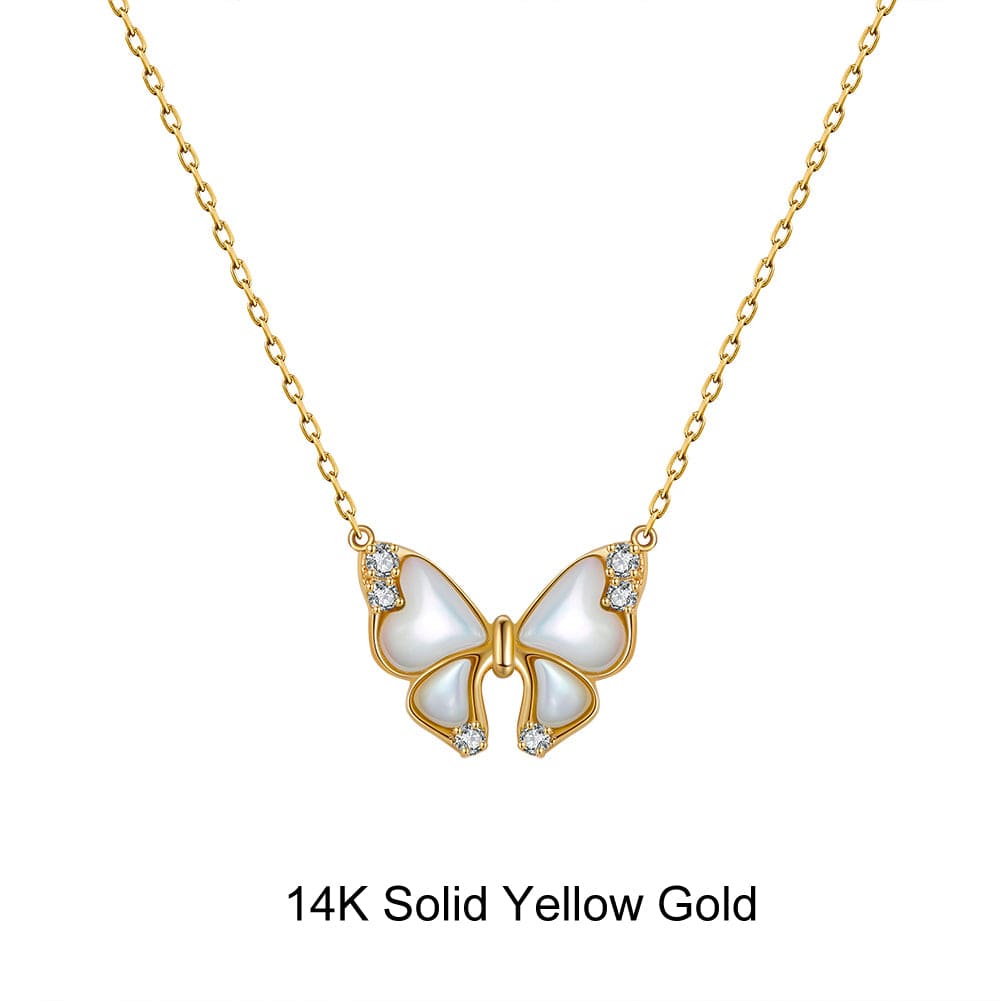 18inches / GN16-G (14K) Solid Gold Butterfly Necklace - Natural Mother of Pearl - Moissanite Gold Pendant