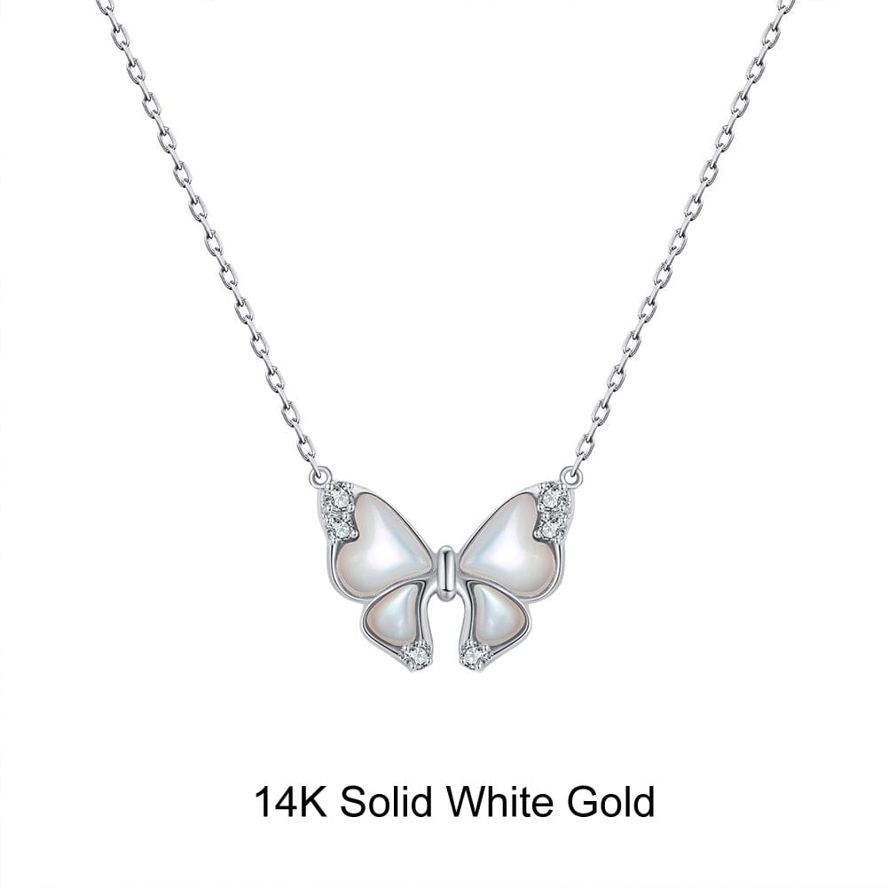 18inches / GN16-P (14K) Solid Gold Butterfly Necklace - Natural Mother of Pearl - Moissanite Gold Pendant