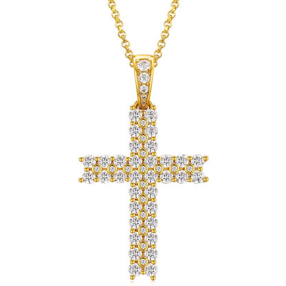 18inches / Gold 925 Sterling Silver Two Row -  VVS Moissanite Diamond Cross Pendant Necklace With Chain
