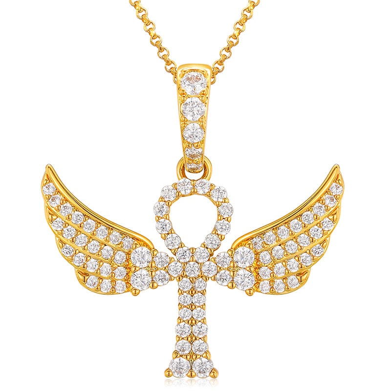 18inches / Gold 925 Sterling Silver  - VVS Moisasnite Diamond Wing Ankh Cross Pendant Necklace