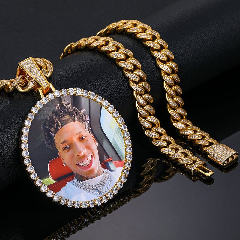 18inches / Gold Hip Hop Jewelry Set 68mm  Sublimation Blanks Custom Photo Pendant With 12mm Iced Out Cuban Link Chain