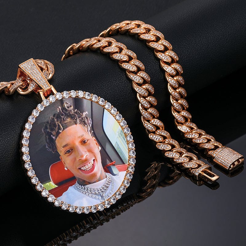 18inches / Rose Gold Hip Hop Jewelry Set 68mm  Sublimation Blanks Custom Photo Pendant With 12mm Iced Out Cuban Link Chain