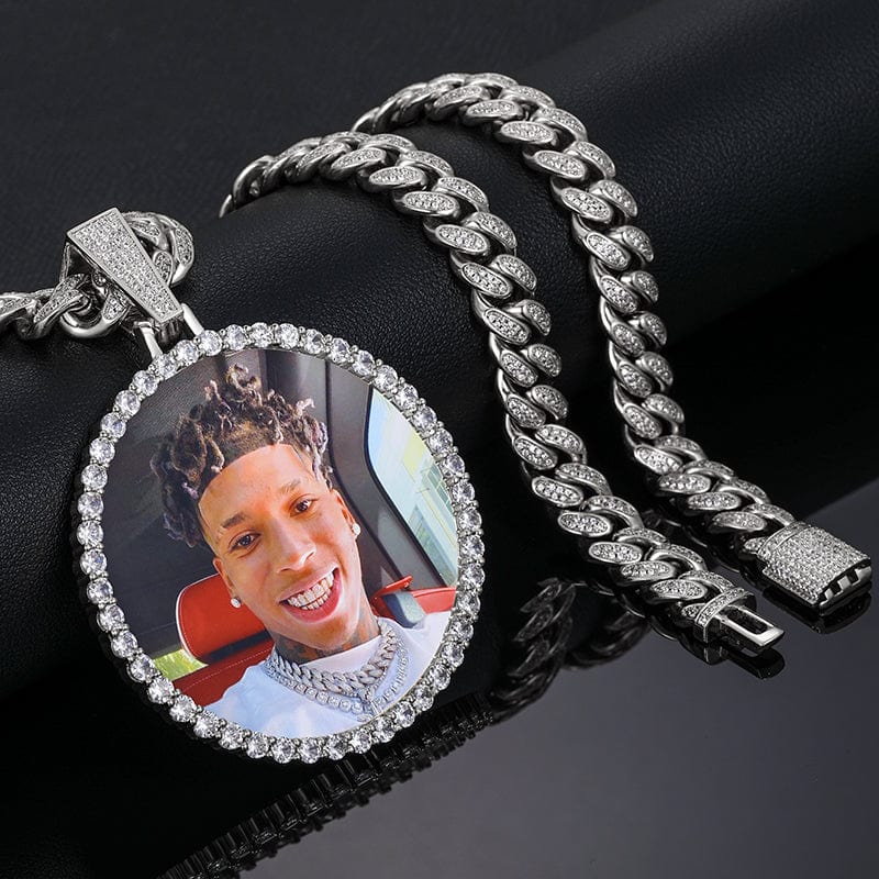 18inches / Silver Hip Hop Jewelry Set 68mm  Sublimation Blanks Custom Photo Pendant With 12mm Iced Out Cuban Link Chain