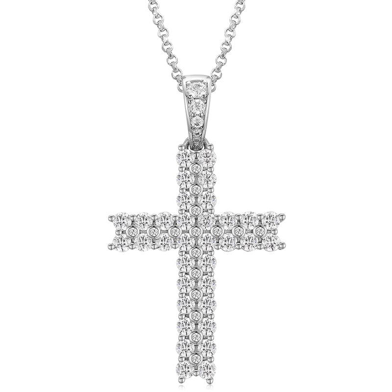 18inches / White Gold 925 Sterling Silver Two Row -  VVS Moissanite Diamond Cross Pendant Necklace With Chain