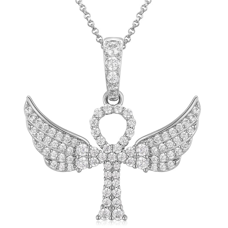 18inches / White Gold 925 Sterling Silver  - VVS Moisasnite Diamond Wing Ankh Cross Pendant Necklace
