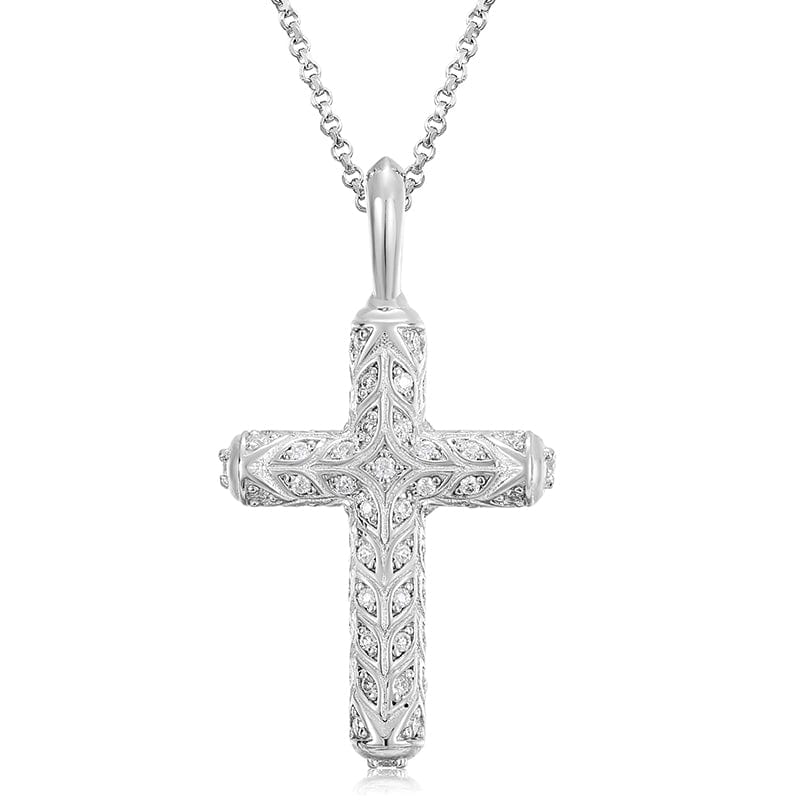 18inches / White Gold 925 Sterling Silver - VVS Moissanite Diamond Cross Pendant Necklace