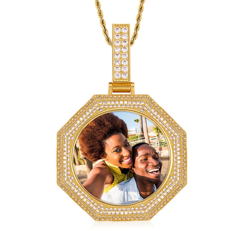 18k Gold filled Brass CZ Stone Locket Charm Necklace Octagon Shape Custom Photo Pendant