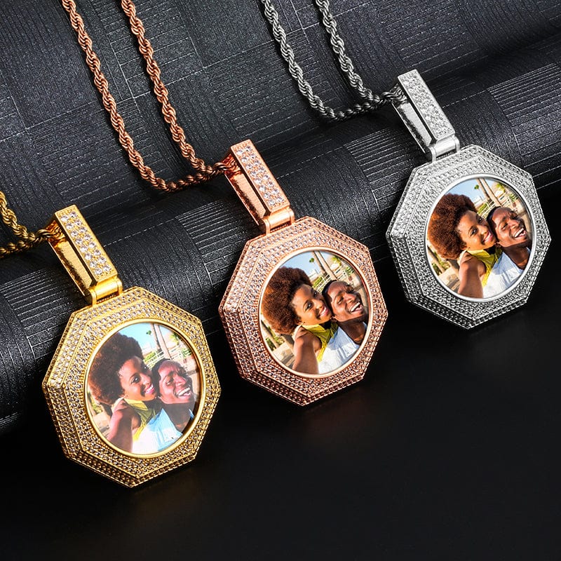 18k Gold filled Brass CZ Stone Locket Charm Necklace Octagon Shape Custom Photo Pendant