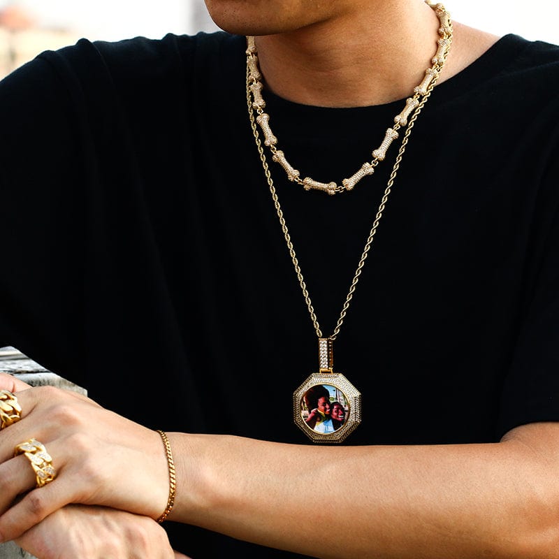 18k Gold filled Brass CZ Stone Locket Charm Necklace Octagon Shape Custom Photo Pendant