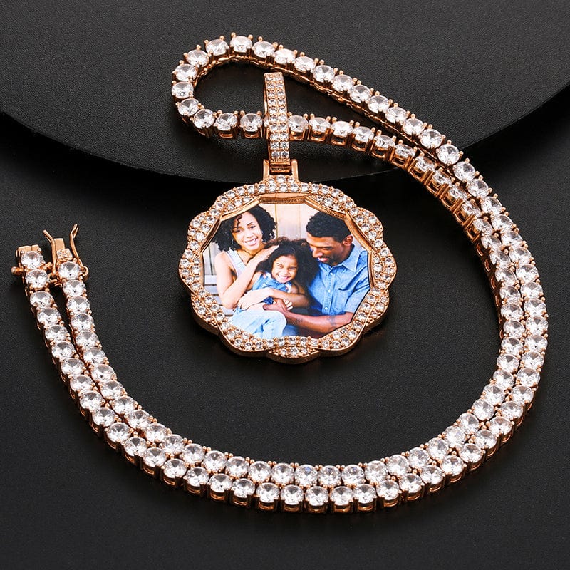 18K Gold Filled Zircon Picture Pendant DIY Custom photo Sublimation Blank Pendant With Chain