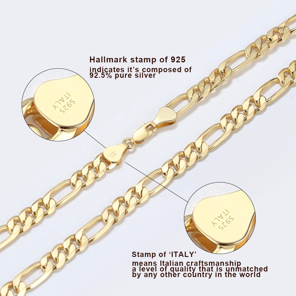 18K Gold Hiphop Jewelry - 925 Sterling Silver Necklace  - 3.3mm Diamond-Cut Figaro Chain