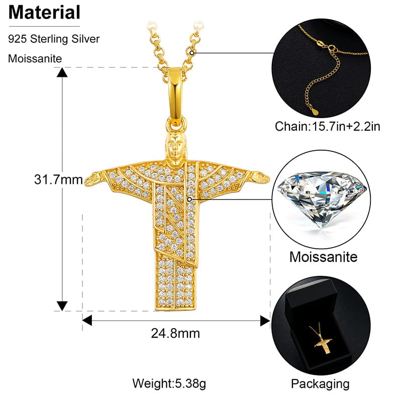 18k Gold Plated 925 Sterling Silver -  VVS Moissanite Diamond Savior Pendant Necklace