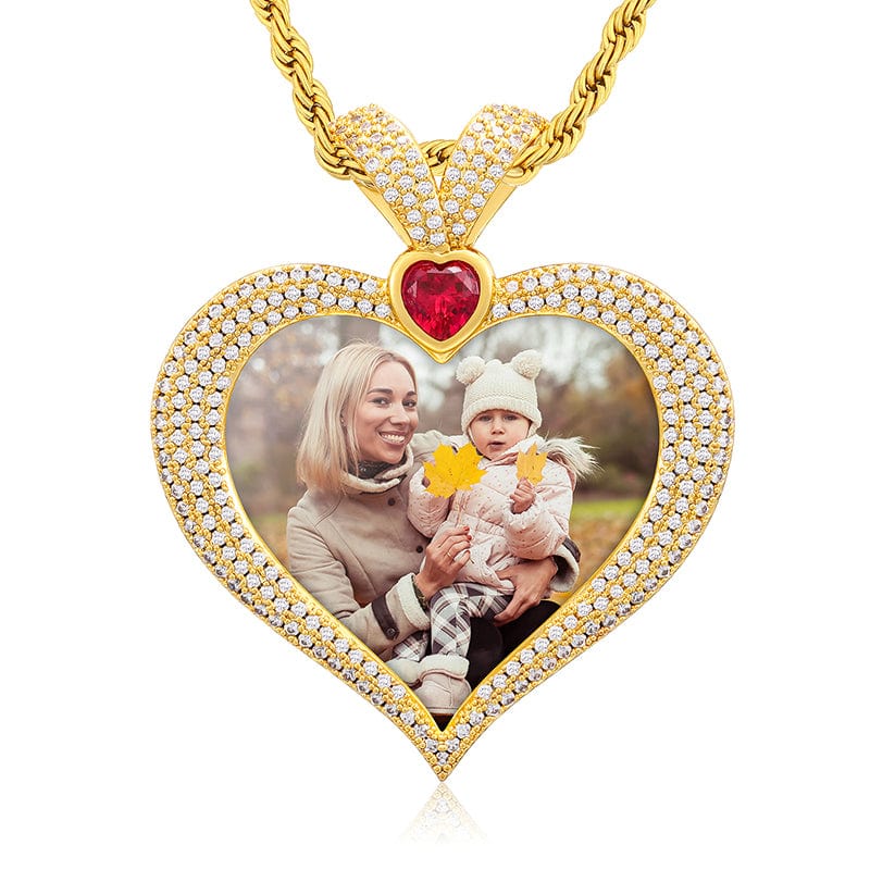 18K Gold Plated Brass 5A Zircon Diamond Heart Shape Custom Photo Pendant With Ruby