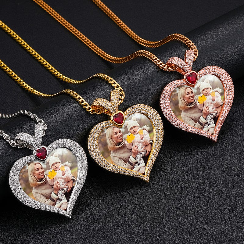18K Gold Plated Brass 5A Zircon Diamond Heart Shape Custom Photo Pendant With Ruby