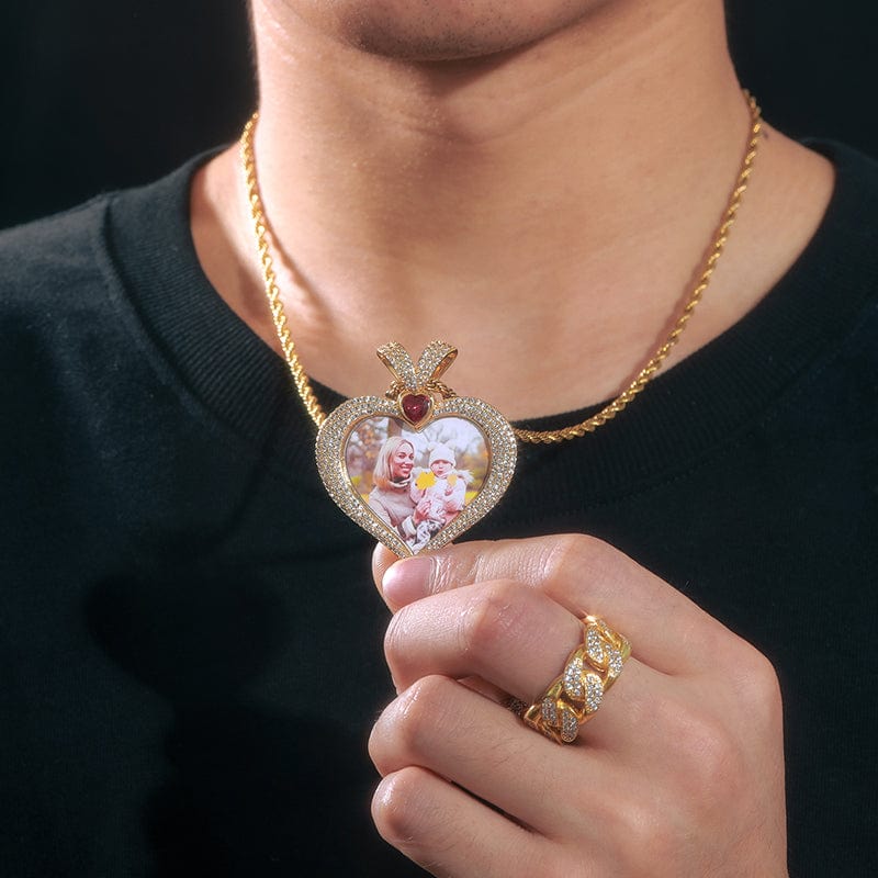 18K Gold Plated Brass 5A Zircon Diamond Heart Shape Custom Photo Pendant With Ruby