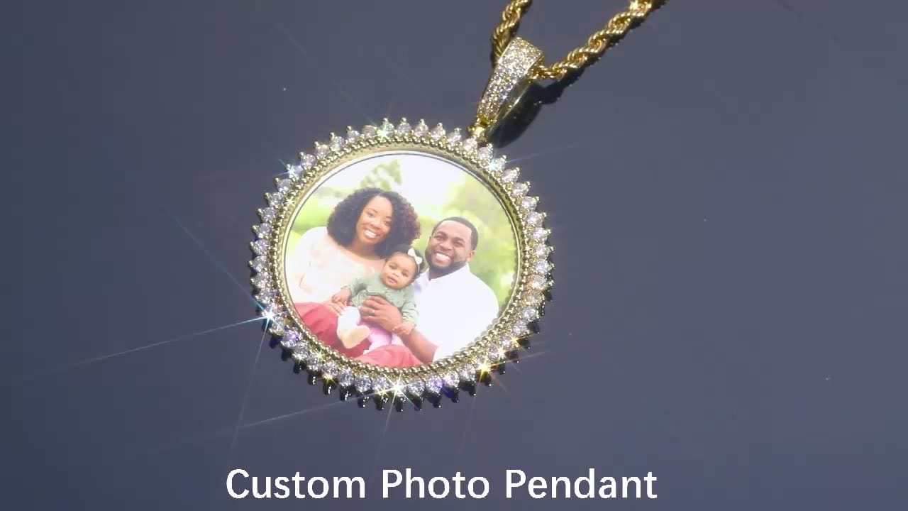 18K Gold Plated Brass AAAAA Cubic Zircon Round Shape Custom Photo Pendant Necklace