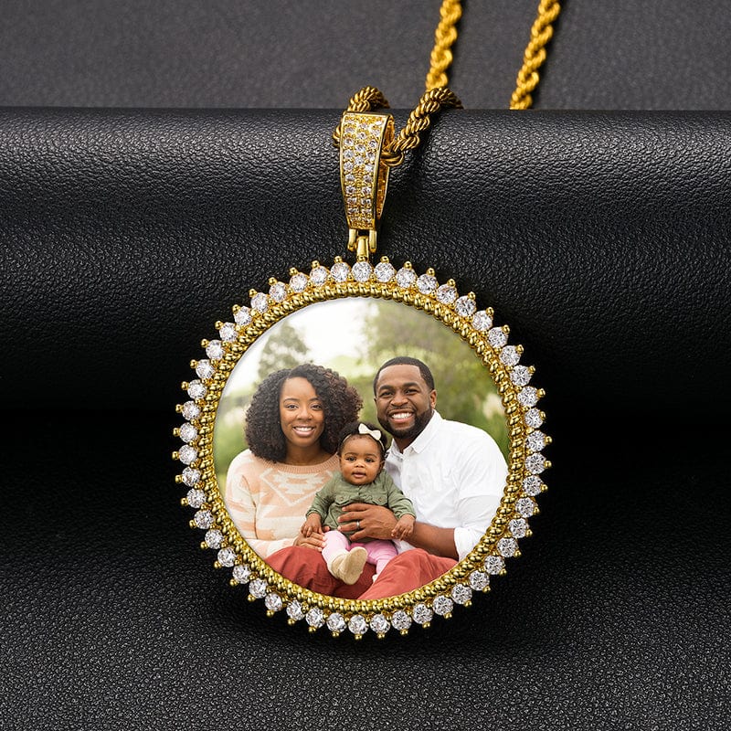 18K Gold Plated Brass AAAAA Cubic Zircon Round Shape Custom Photo Pendant Necklace