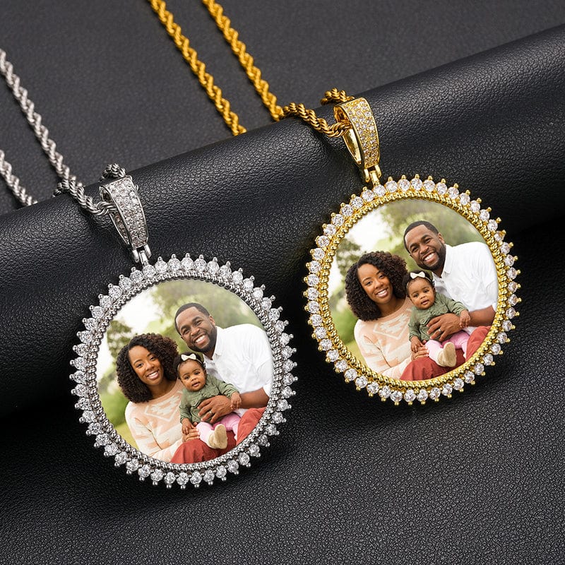 18K Gold Plated Brass AAAAA Cubic Zircon Round Shape Custom Photo Pendant Necklace