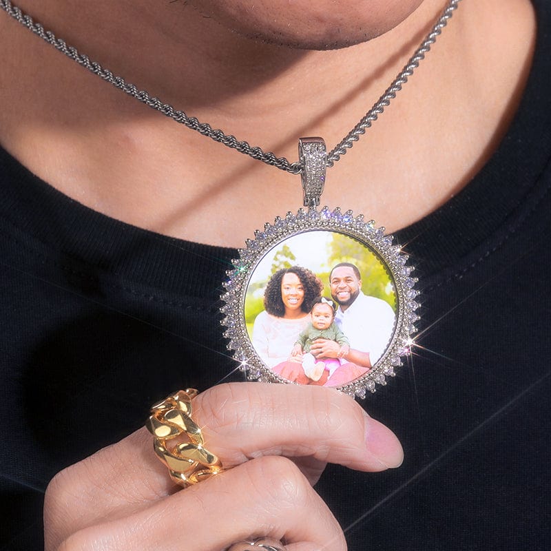 18K Gold Plated Brass AAAAA Cubic Zircon Round Shape Custom Photo Pendant Necklace