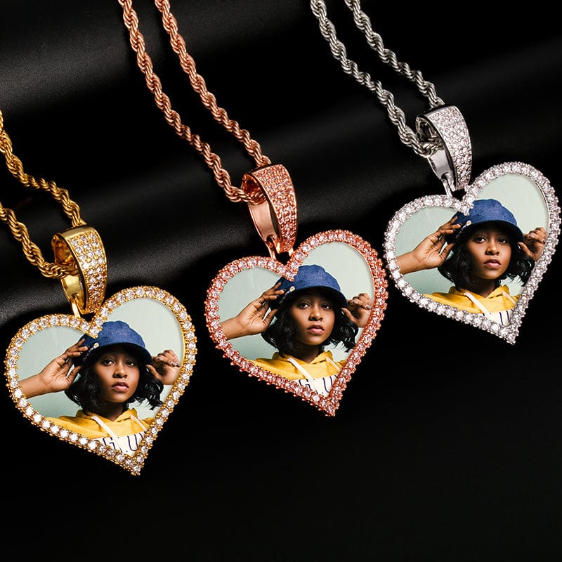 18K Gold Plated Brass Zircon Custom Photo Pendant Iced Out Sublimation Heart Pendant