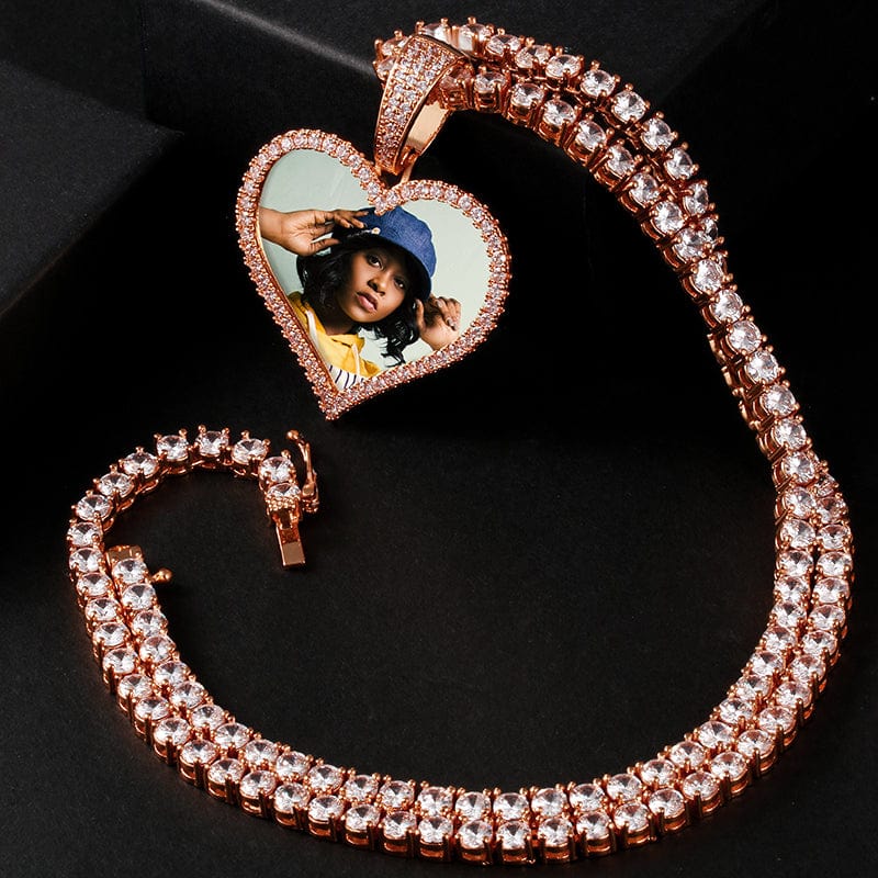 18K Gold Plated Brass Zircon Custom Photo Pendant Iced Out Sublimation Heart Pendant