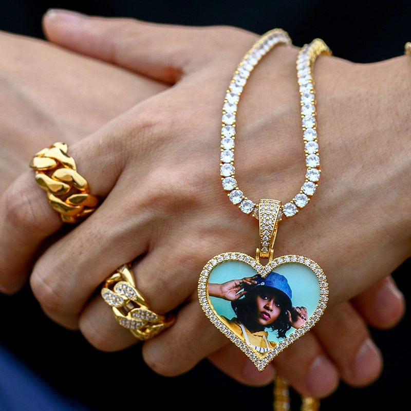 18K Gold Plated Brass Zircon Custom Photo Pendant Iced Out Sublimation Heart Pendant