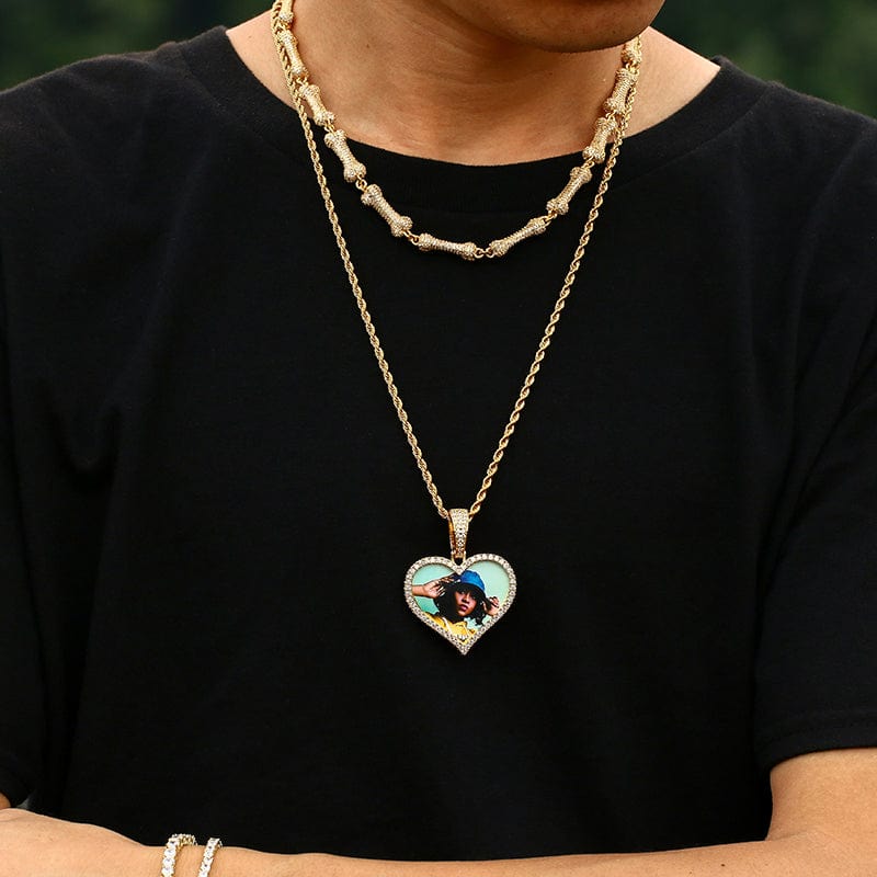 18K Gold Plated Brass Zircon Custom Photo Pendant Iced Out Sublimation Heart Pendant