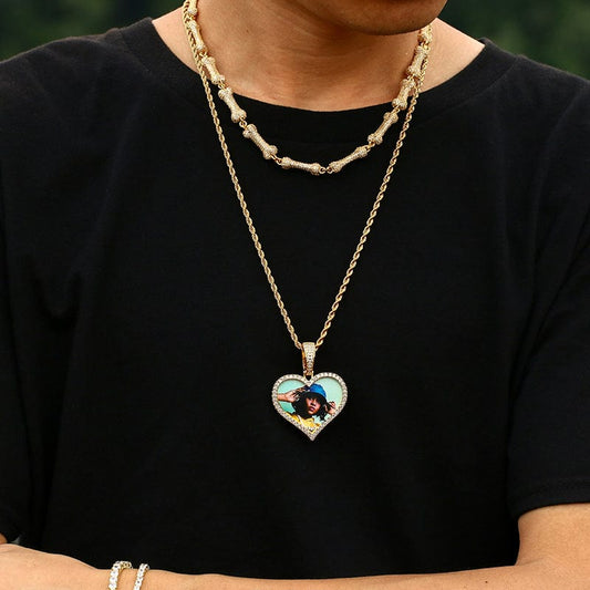 18K Gold Plated Brass Zircon  Necklace - Iced Out Sublimation Heart Pendant