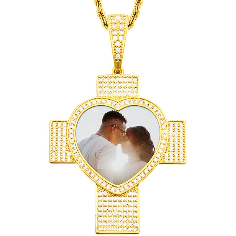 18K Gold Plated Cross Heart Charm Pendant Iced Out Zircon Custom Photo Pendant