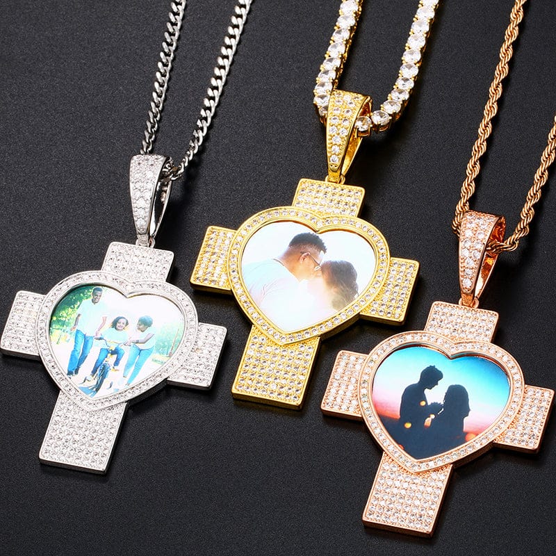18K Gold Plated Cross Heart Charm Pendant Iced Out Zircon Custom Photo Pendant
