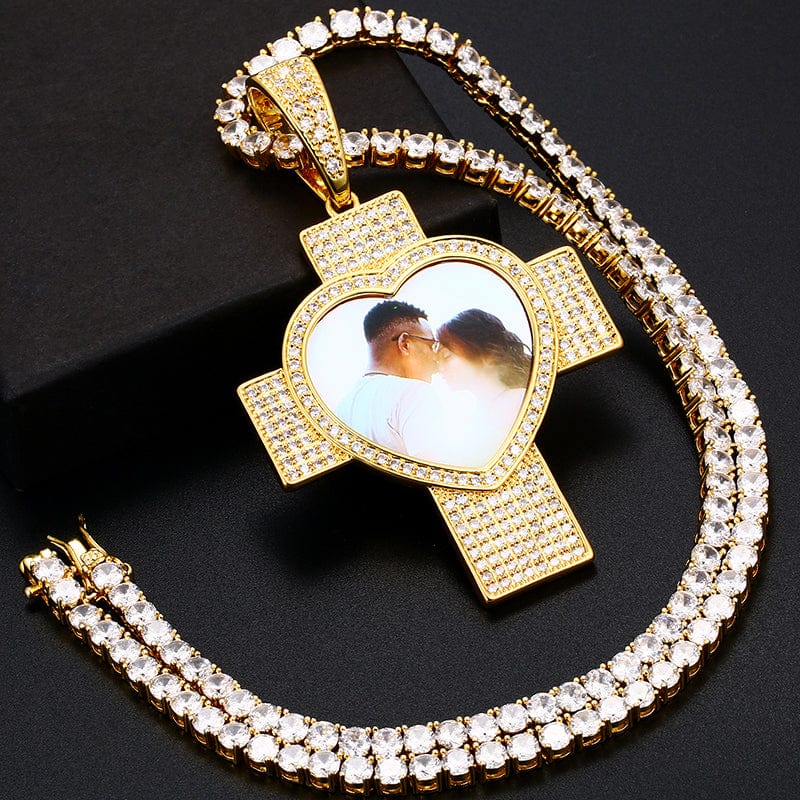 18K Gold Plated Cross Heart Charm Pendant Iced Out Zircon Custom Photo Pendant