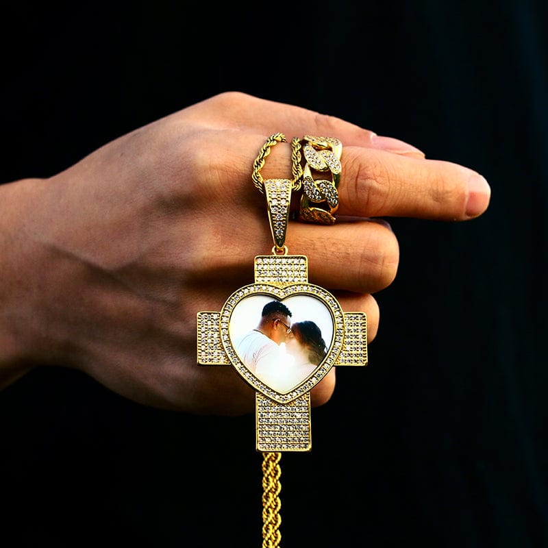 18K Gold Plated Cross Heart Charm Pendant Iced Out Zircon Custom Photo Pendant