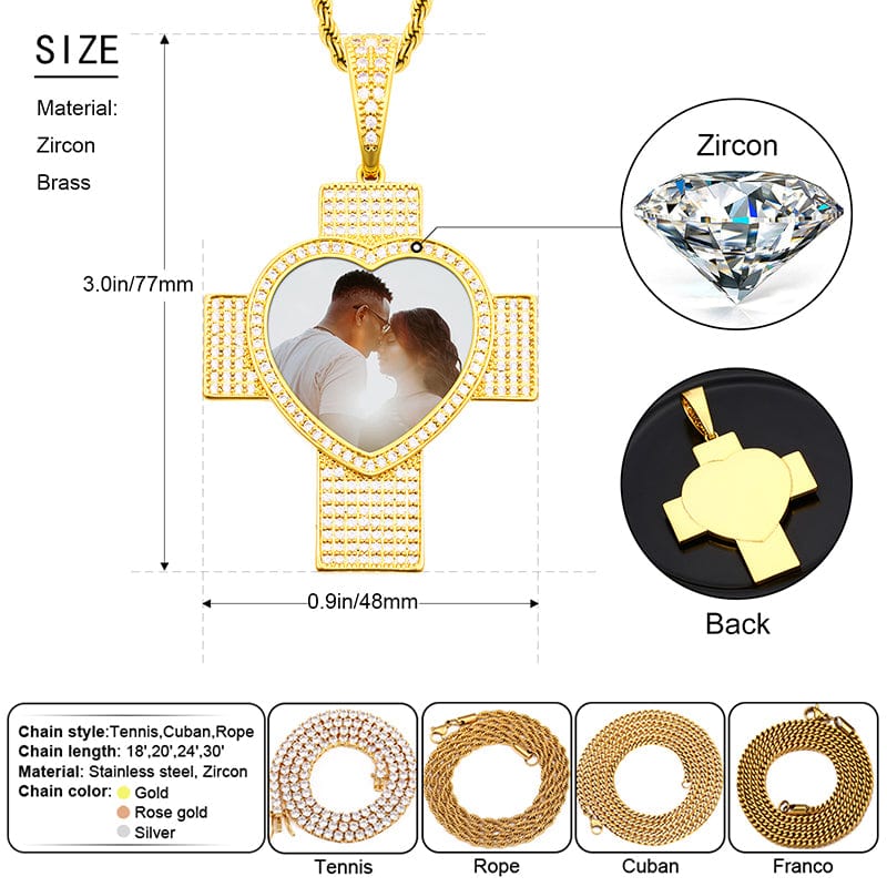 18K Gold Plated Cross Heart Charm Pendant Iced Out Zircon Custom Photo Pendant