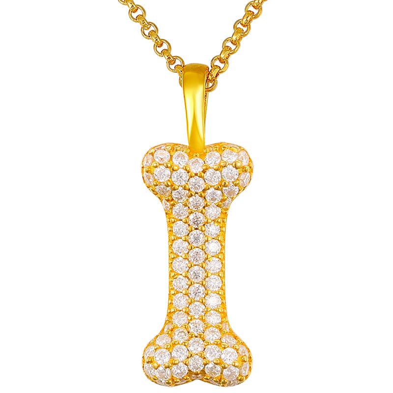 20inches / Gold Iced Out Moissanite Bone Pendant - VVS Diamond 925 Sterling Silver Charm Pendant Necklace