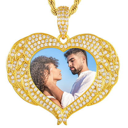 20inches / Silver Gold Plated Copper CZ Diamond Iced Out Heart Wing Custom Photo Pendant Necklace