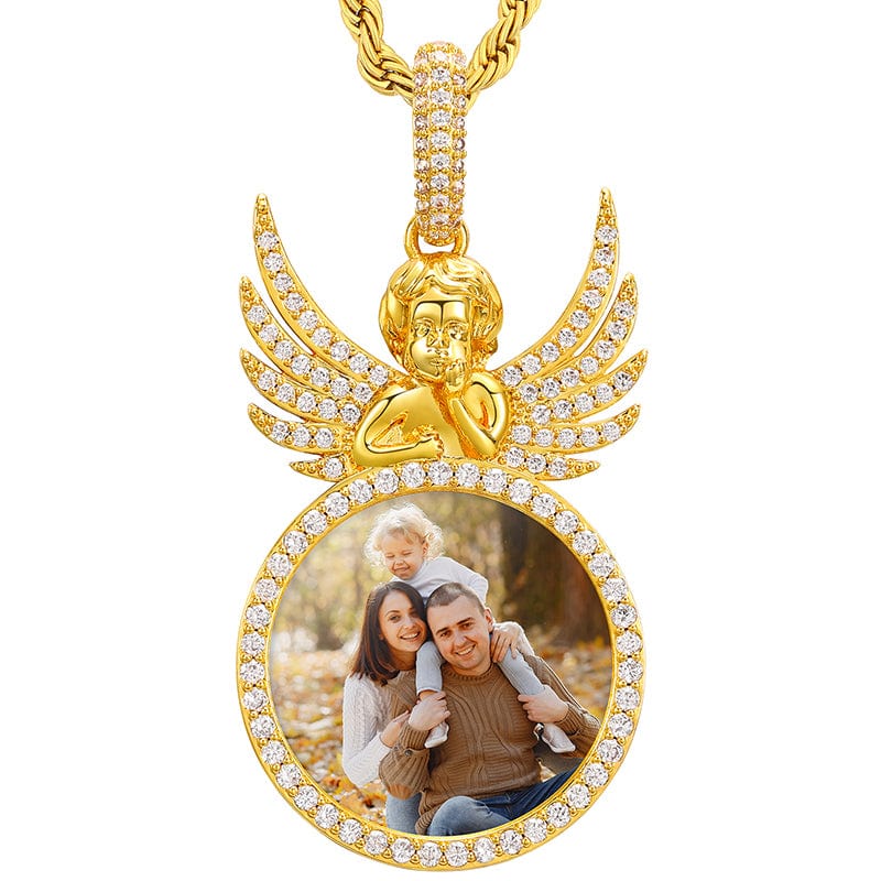 20inches / Silver Gold Plated Picture Necklace Iced Out CZ Diamond Angel Guard Wing Custom Pendant