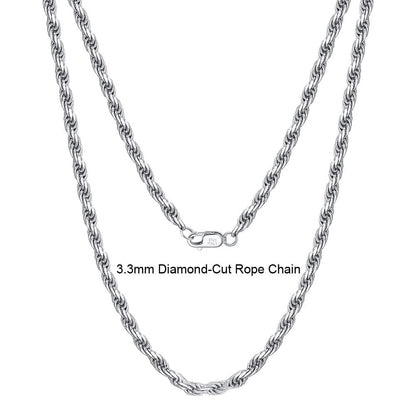 40cm(16inches) / SC29-P-3.3 Real 925 Sterling Silver Hiphop Necklace - 3.3mm Diamond-Cut Rope Chain