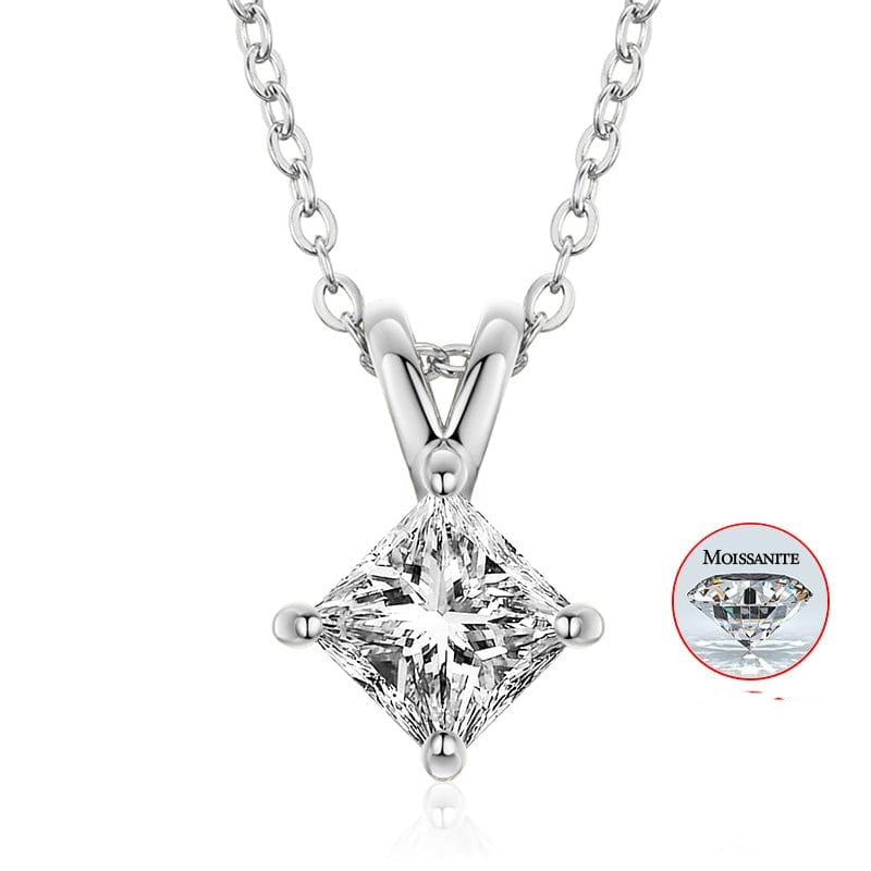 925 Sterling Silver - 1ct Princess Cut D Color VVS Moissanite Diamond Solitaire Pendant Necklace