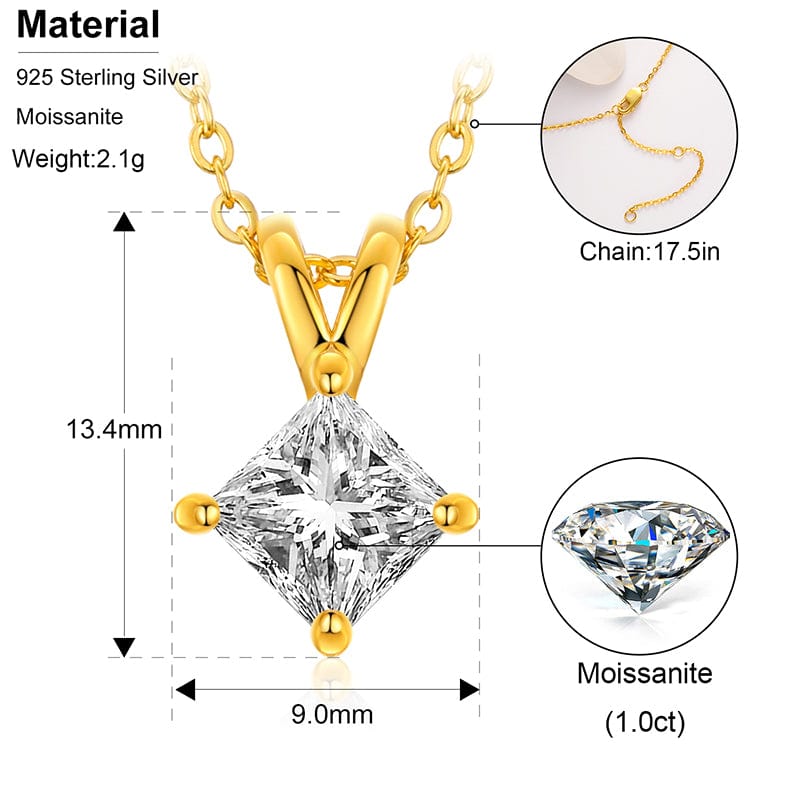 925 Sterling Silver - 1ct Princess Cut D Color VVS Moissanite Diamond Solitaire Pendant Necklace