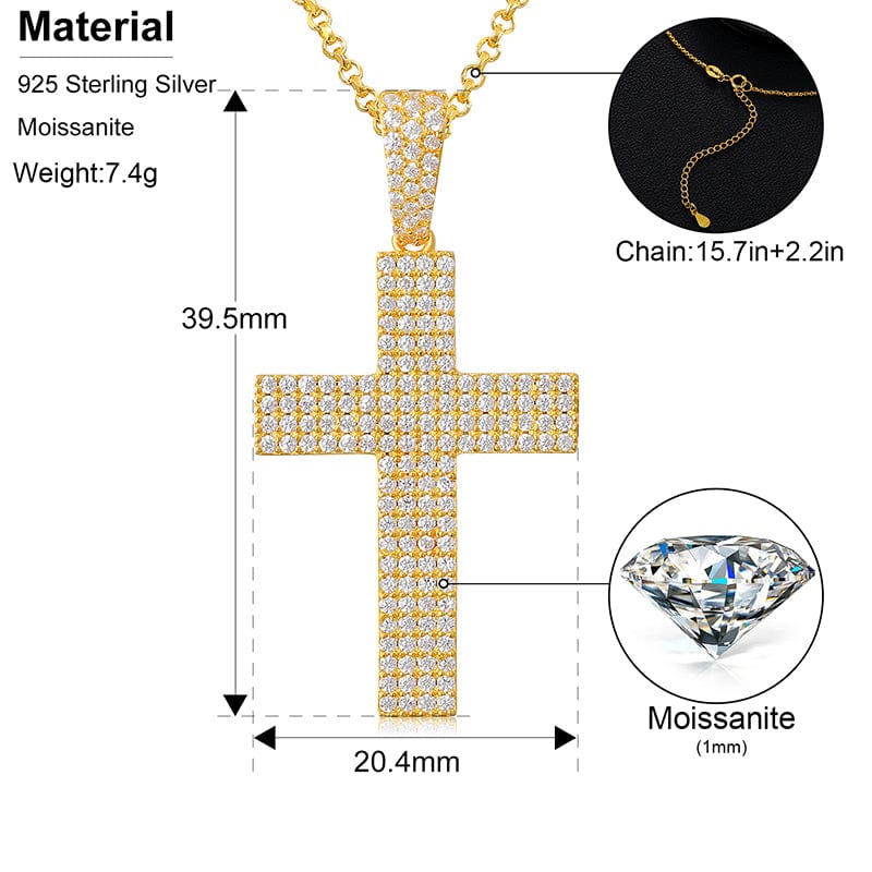 925 Sterling Silver  Full  - VVS Moissanite Diamond Iced Out Cross Pendant Necklace