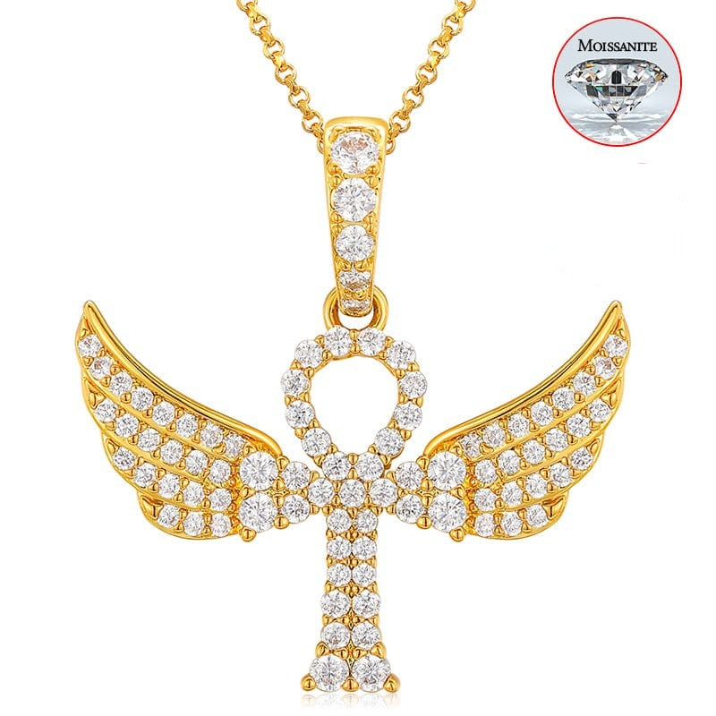 925 Sterling Silver  - VVS Moisasnite Diamond Wing Ankh Cross Pendant Necklace