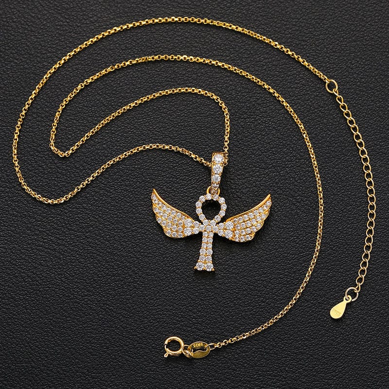 925 Sterling Silver  - VVS Moisasnite Diamond Wing Ankh Cross Pendant Necklace