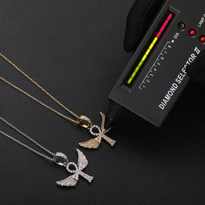 925 Sterling Silver  - VVS Moisasnite Diamond Wing Ankh Cross Pendant Necklace