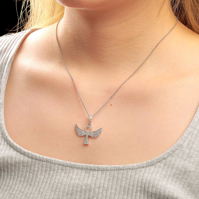 925 Sterling Silver  - VVS Moisasnite Diamond Wing Ankh Cross Pendant Necklace